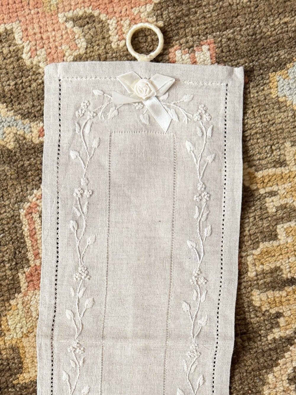 NEW Linen Europoean Toilet Paper Holder, Embroidered Flowers & Detail